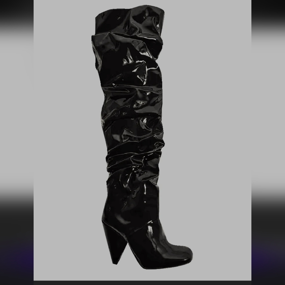 PrettyLittleThing Black Over the Knee Patent Boots
